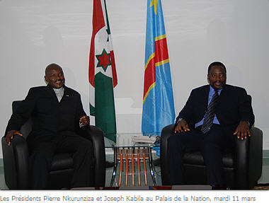 La coopration entre la Rpublique dmocratique du Congo et la rpublique du Burundi est au beau fixe , a confirm  la presse le Prsident burundais, Pierre Nkurunziza,  l'issue de l'entretien d'environ 45 minutes qu'il a eu mardi au Palais de la nation, avec le Prsident Joseph Kabila.