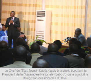 Les questions relatives  la paix,  la scurit et au dveloppement des provinces du Nord et Sud Kivu ont figur au centre de l'audience que le Prsident de la Rpublique, Joseph Kabila Kabange, a accord samedi, au Palais de la Nation,  une dlgation des notables de ces deux provinces.