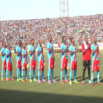 Les Léopards de la RDC lors de la défaite contre les Eléphants de la Côte d'Ivoire au stade Tata Raphaël le 11/10/2014 à Kinshasa, score: 1-2